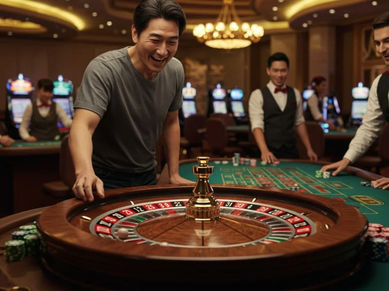 Player placing a bet on red at the roulette table in Pop Party Casino.