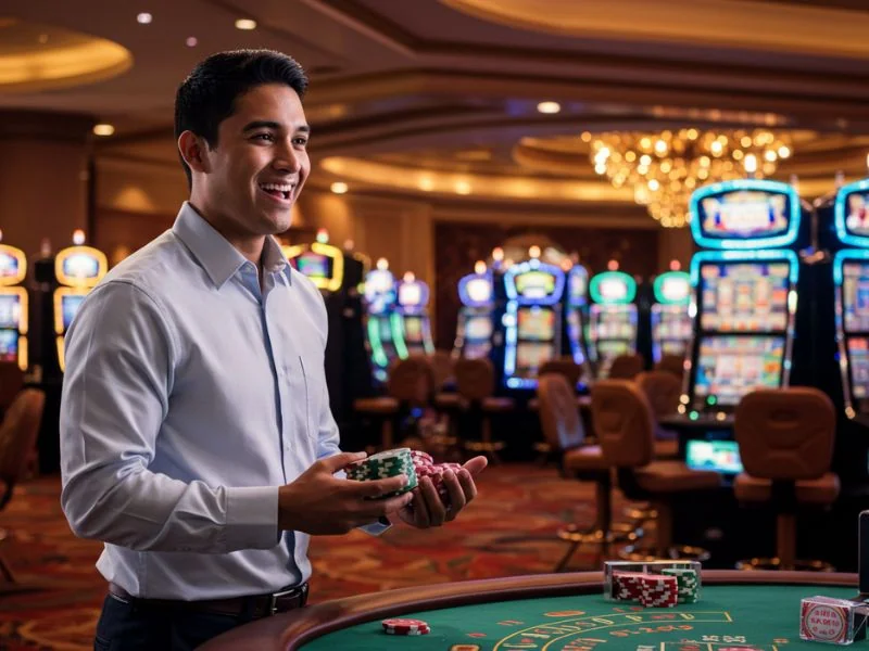 Happy man holding a stack of casino chips at SG777 casino login
