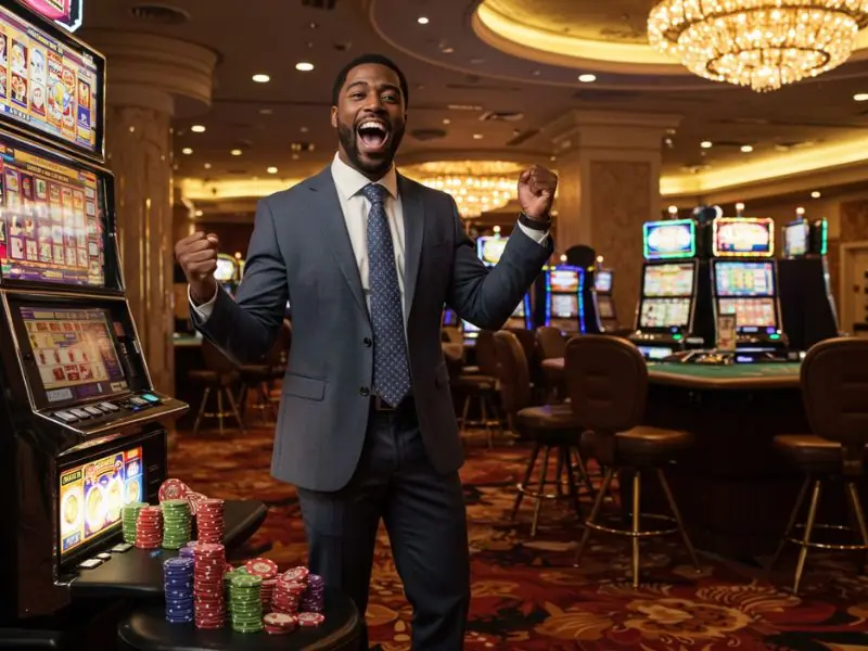 Happy man raising his hand in excitement after winning a slot jackpot at SG777 casino login