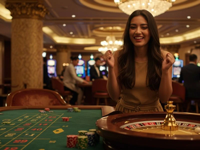 Happy woman excited after winning on roulette at SG777 casino login