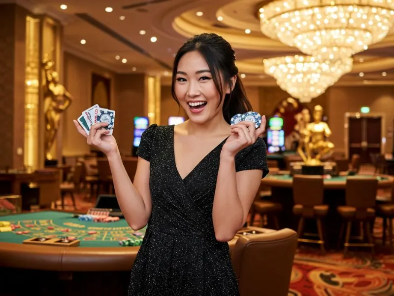 Happy woman laughing after the dealer reveals cards at SG777 casino login