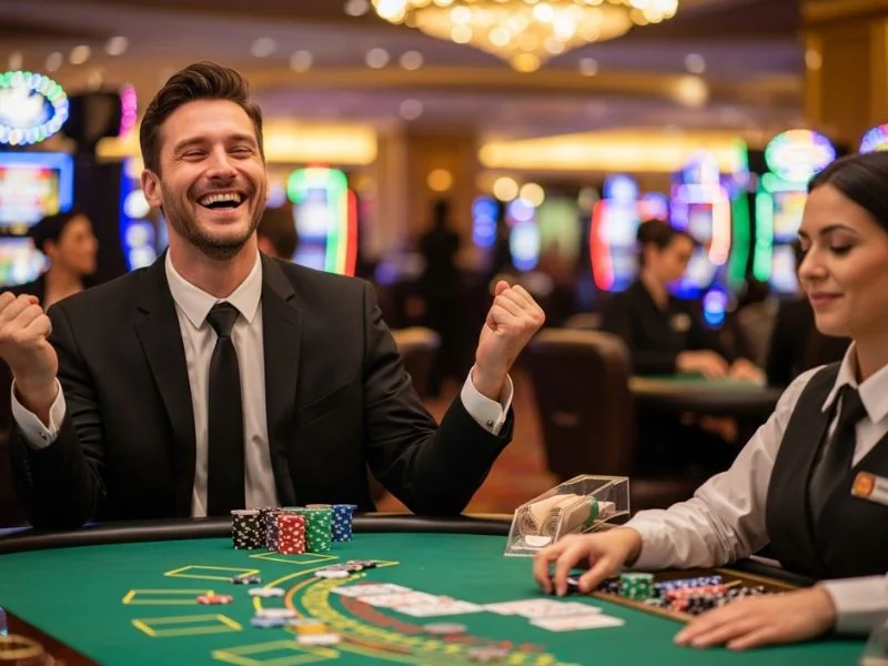 18jl casino player raising his hand in excitement after winning a slot jackpot during online casino gameplay