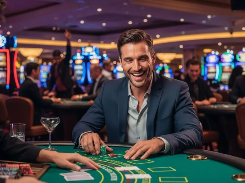 18jl casino players passing chips or cards with smiles during a friendly and enjoyable online casino game