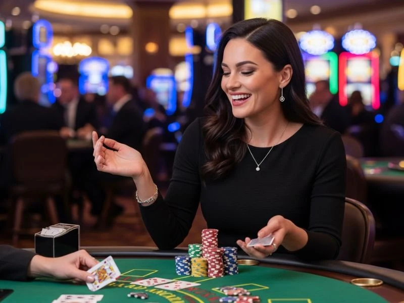 500jl casino woman focused on placing her bet on baccarat during a live online casino game