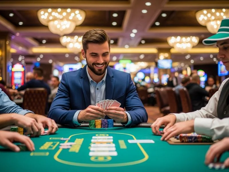 A 6s app casino login happy buddy focusing closely on his poker hand at an online casino table.