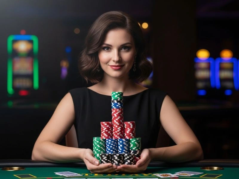 A 6s app casino login woman holding a stack of casino chips in an online casino setting.