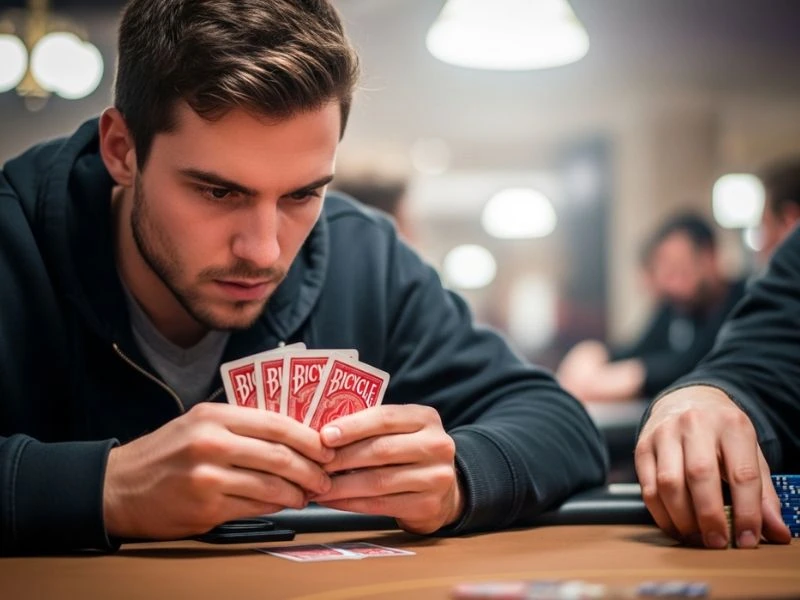 all slots casino buddy focusing on his poker hand showing a focused player carefully studying his poker hand during an intense casino game.