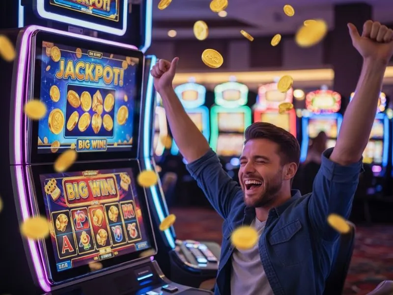 all slots casino player celebrating big jackpot on slot machine showing a thrilled player celebrating after hitting a big jackpot on a slot machine in an exciting casino setting.