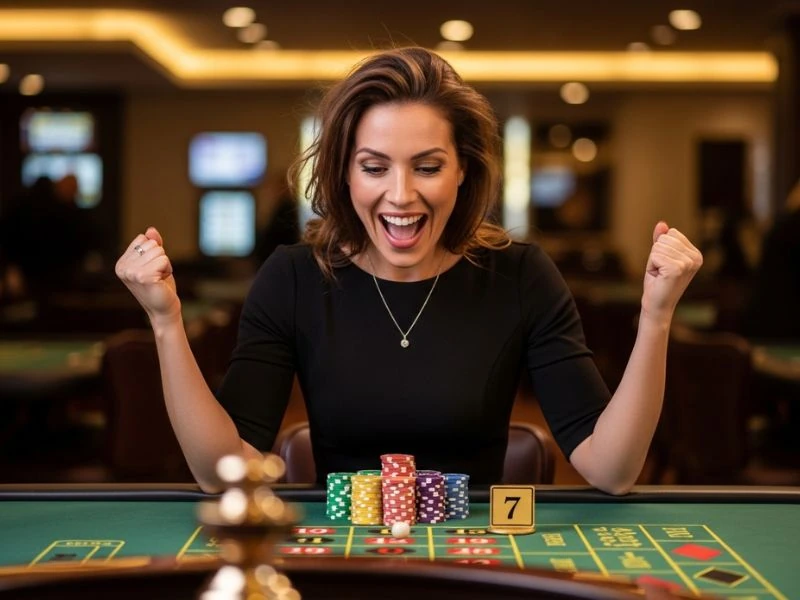 all slots casino woman excited after winning on roulette showing a thrilled player celebrating after winning a roulette round in an energetic casino environment.
