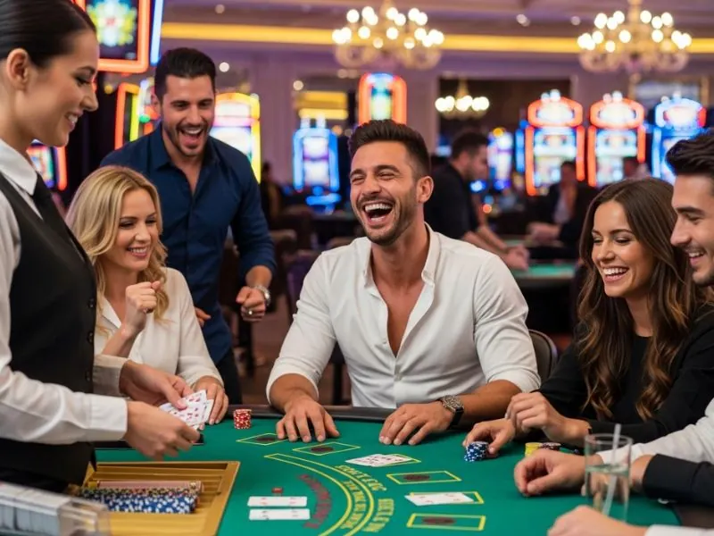 bs88 casino group of friends gathered around a blackjack table enjoying an exciting online casino game