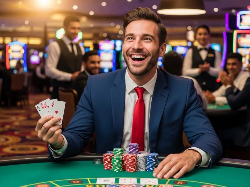 eejl casino login player smiling while flipping poker cards during an online casino game