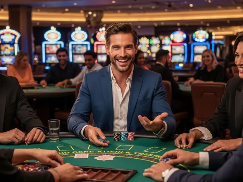 elyu casino group laughing together while playing blackjack during an online casino game