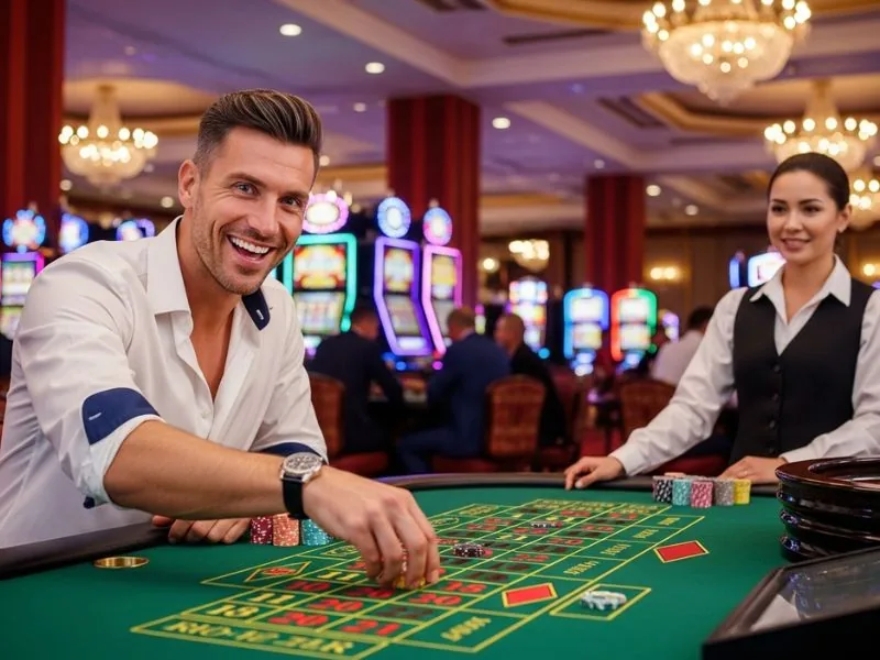 elyu casino man focused on placing his bet on baccarat during a live online casino game