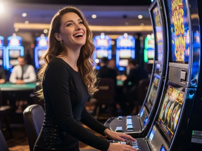 elyu casino woman celebrating a big slot win during an exciting online casino session