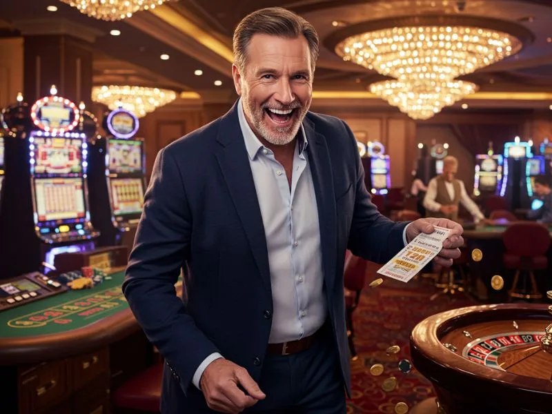 Facebook slot games happy man holding his winning ticket and celebrating a big casino win