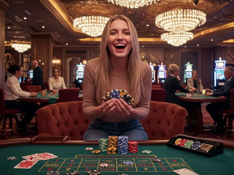 Facebook slot games happy man winning jackpot on a colorful online casino slot machine