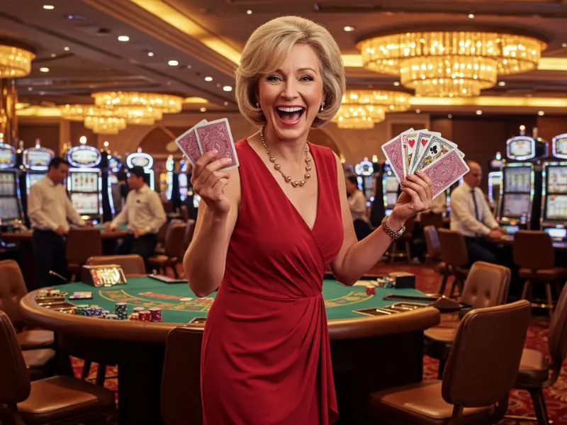 Facebook slot games happy woman enjoying casino cards during a fun and exciting gaming session