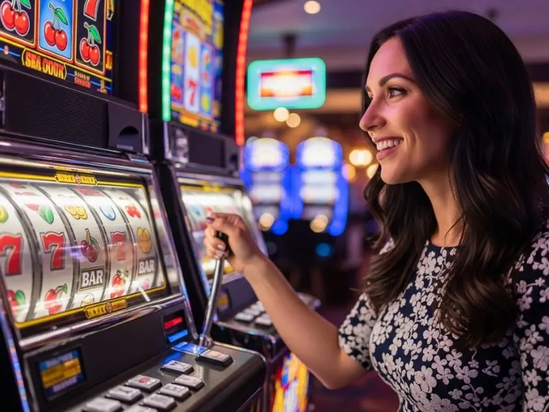 fb777 slot casino lady smiling while spinning slot reels showing a cheerful player smiling while spinning slot machine reels in an exciting casino environment.