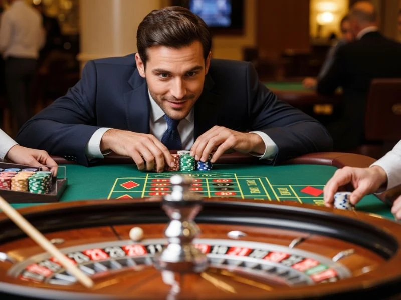 fb777 slot casino login philippines app man leaning forward watching the roulette wheel spin showing a focused player leaning forward while closely watching the roulette wheel spin in an exciting casino setting.
