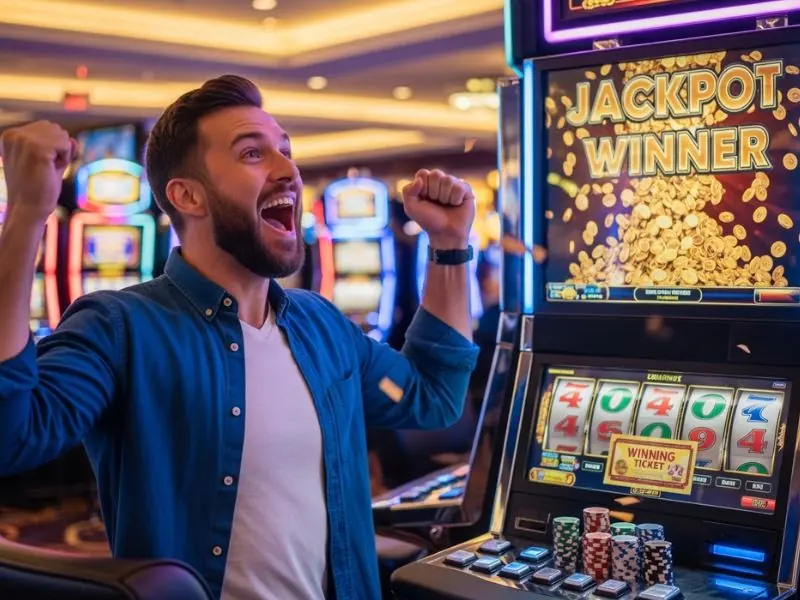 fb777 slot casino login philippines app man raising his hand in excitement after winning slot jackpot showing a thrilled player raising his hand in celebration after hitting a big slot jackpot in an exciting casino setting.