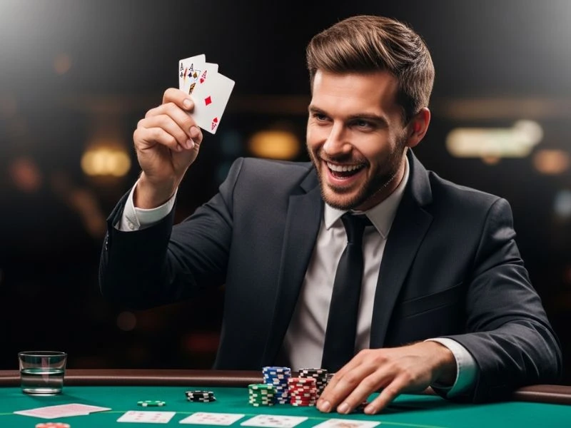 fb777 slot casino login philippines app player smiling while flipping poker cards showing a confident player smiling while revealing poker cards during an exciting casino game.