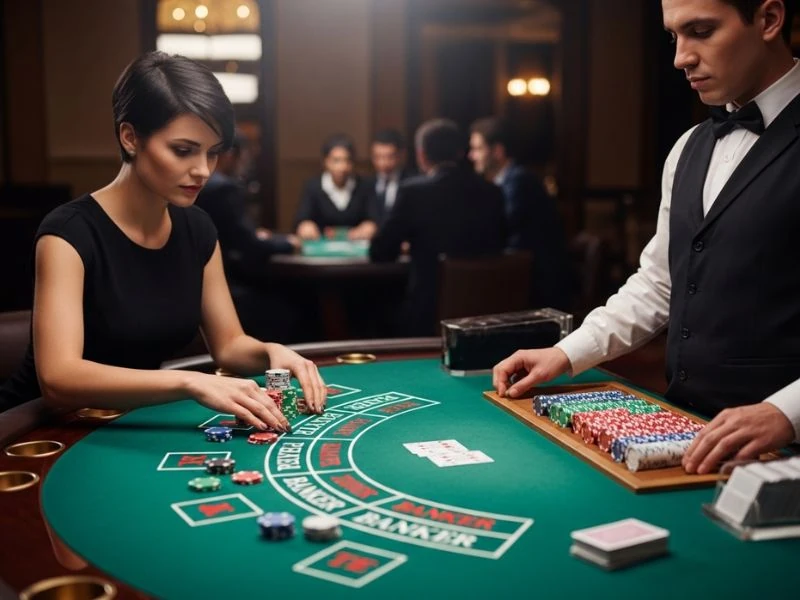fb777 slot casino login philippines app woman focused on placing her bet on baccarat showing a concentrated player carefully placing a bet on the baccarat table in an elegant casino setting.