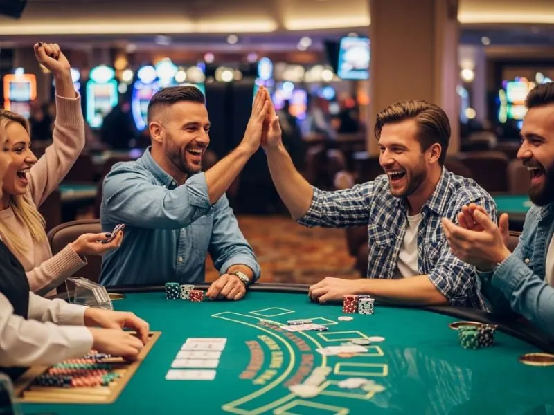 fb777 slot casino man high fiving friends after winning in blackjack showing a happy player celebrating with friends after winning a blackjack round in a lively casino setting.
