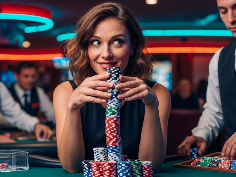 fb777 slot casino woman holding a stack of casino chips showing a confident player holding a stack of casino chips in a lively gaming environment.
