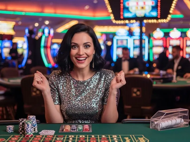 happy 777 casino woman cheering with excitement when the ball lands right during an online casino game