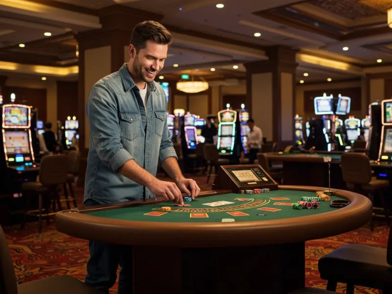 Hot shot casino slots happy man betting on a vibrant online slot machine