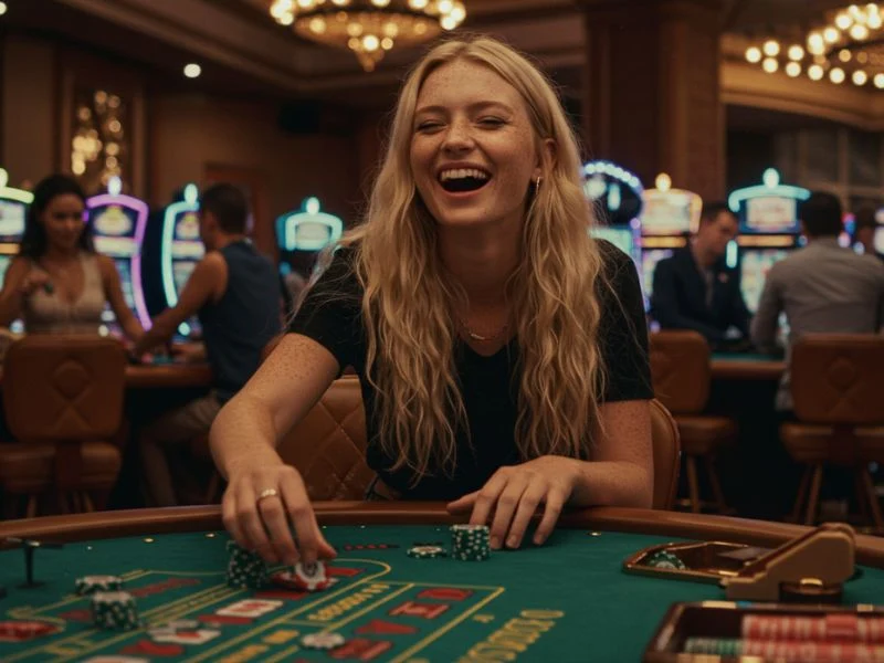 Hot shot casino slots happy woman enjoying casino on a bright and colorful slot machine