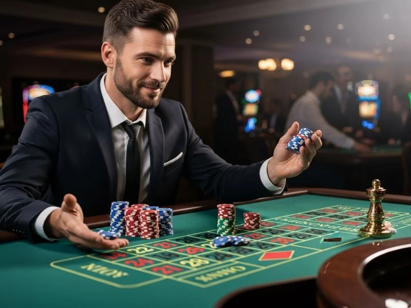 A confident rich9 casino buddy holding casino chips, ready to bet on roulette at an online casino table.