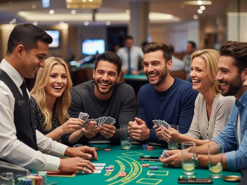 slot zone casino group laughing while playing blackjack together showing a group of players laughing and enjoying a fun blackjack game in a lively casino environment.