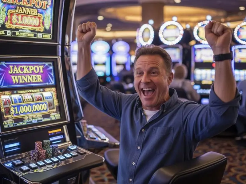 An sm777 casino login man raising his hand in excitement after winning a slot jackpot in an online casino.