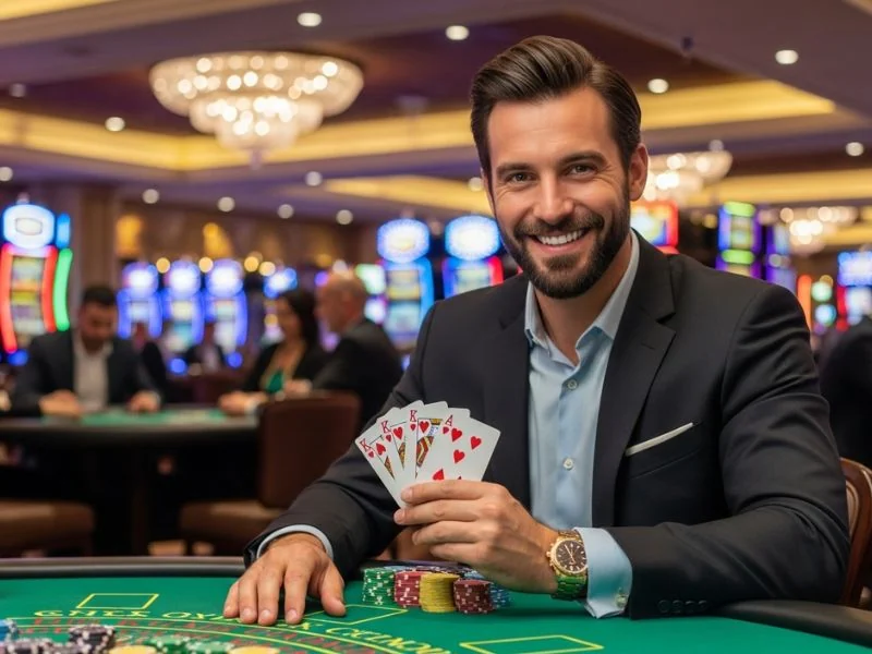 An sm777 casino login register man smiling while holding playing cards at an online casino table.