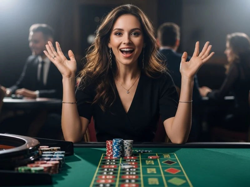 An sm777 casino login register woman excited after winning on roulette in an online casino setting.
